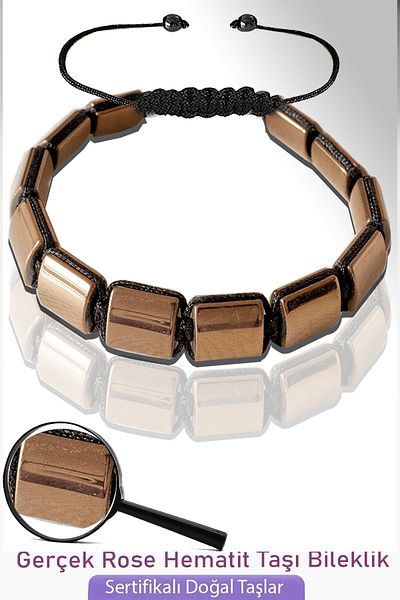Tesbih Atölyesi Certified Square Model Real Rose Hematite Stone Bracelet - Adjustable