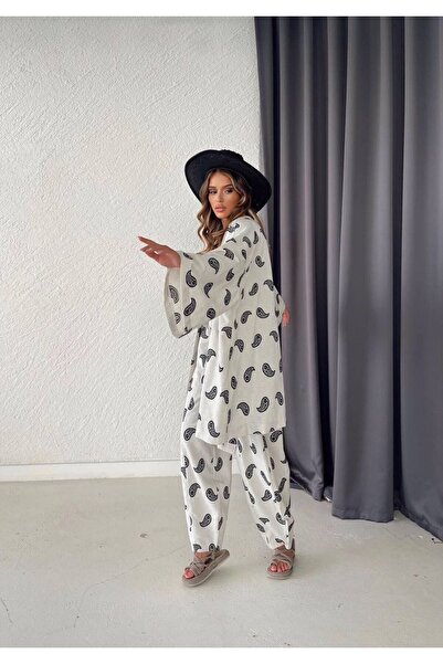 REMENY Linen Colored Shawl Patterned Kimono Top and Bottom Set