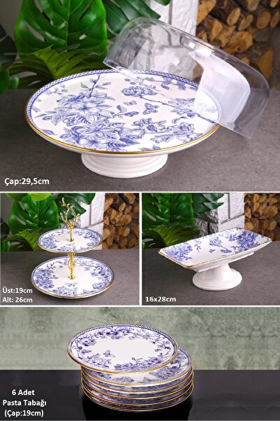 Pinkev Butterfly 9 Parça Fanuslu Seramik Pasta Servis Sunum Tabağı Seti