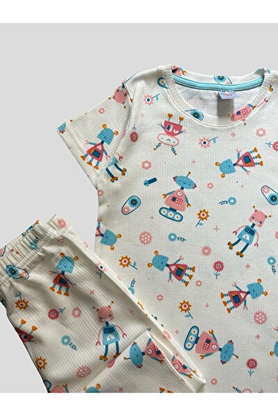 elmas kids Set de pijamale de vară cu mânecă scurtă, din bumbac, cu modele de robot, pentru fete