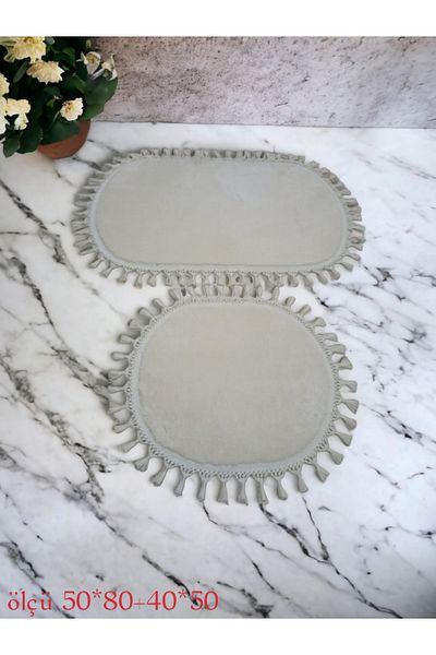 Altun 2-Piece 3-Piece Cream Modern Simirna Decorative Plush Oval Pompom Fringed Toilet Seat 50*80 40*50