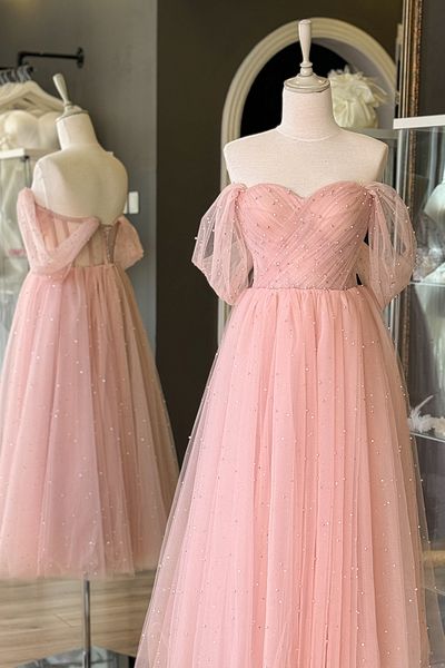 Lenta Moda Powder Pearl and Shining Stones Midi Length Draped Transparent Evening Dress and Evening Dress