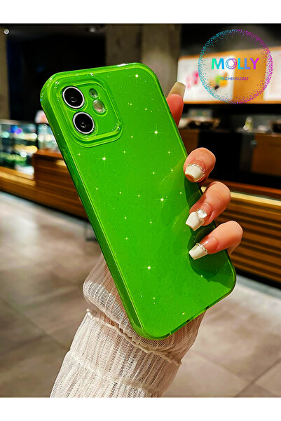 Molly iPhone 12 İçin Elma Yeşili Berry Simli Parlak Silikon Kılıf