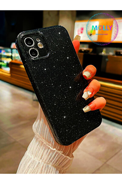 Molly iPhone 12 İçin Siyah Berry Simli Parlak Silikon Kılıf