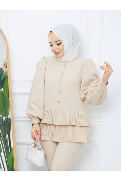 BERNEO Women's Hijab Button Stone Detailed Pleated 2-Piece Set