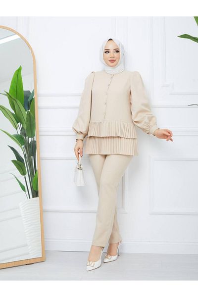 BERNEO Women's Hijab Button Stone Detailed Pleated 2-Piece Set