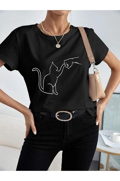 Josette Μπλουζάκι Cat Silhouette - Μαύρο εμπριμέ κοντό μανίκι με λαιμόκοψη