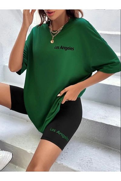 Josette Los Angeles Minimal T-Shirt - Πράσινη στάμπα με κοντό μανίκι με λαιμόκοψη