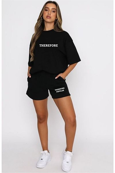 Josette Therefore T-Shirt Shorts - Black Shorts T-Shirt Bottom Top Set Printed Crew Neck