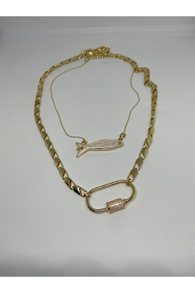 CHIC ELIPS SALMON COLOR CHAIN NECKLACE AND FISH FIGURED GOLD CHAIN NECKLACE SET