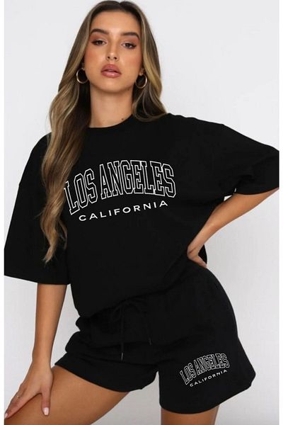 Josette Los Angeles California T-Shirt Shorts - Black Shorts T-Shirt Top Bottom Set Printed Crew Neck