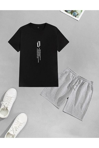 Josette Vertical Design T-Shirt Shorts - Black Gray Shorts T-Shirt Top and Bottom Set Printed Crew Neck