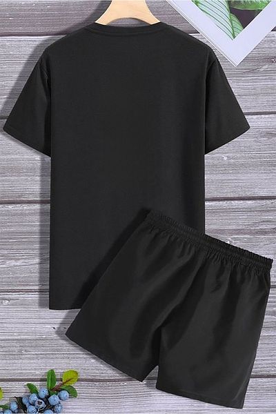 Josette Cloud Pattern T-Shirt Shorts - Black Shorts T-Shirt Top and Bottom Set Printed Crew Neck
