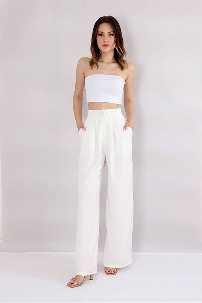 Fashion Showcase Palazzo Double Pleated Wide Leg High Waist Trousers - Ecru
