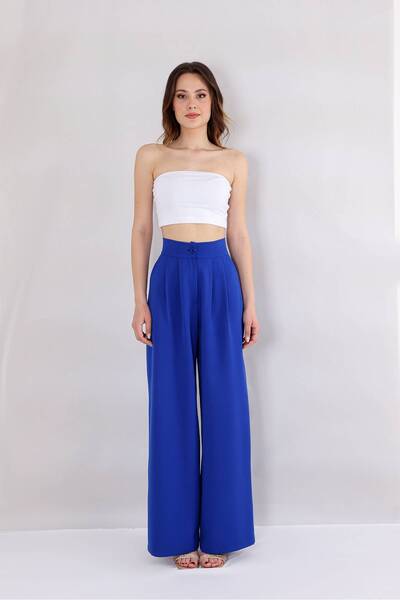 Fashion Showcase Palazzo Double Pleated Wide Leg High Waist Trousers - Saks