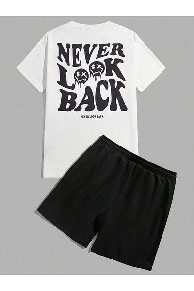 Josette Never Look Back T-Shirt Shorts - White with Black Shorts T-Shirt Top and Bottom Set Printed Crew Neck