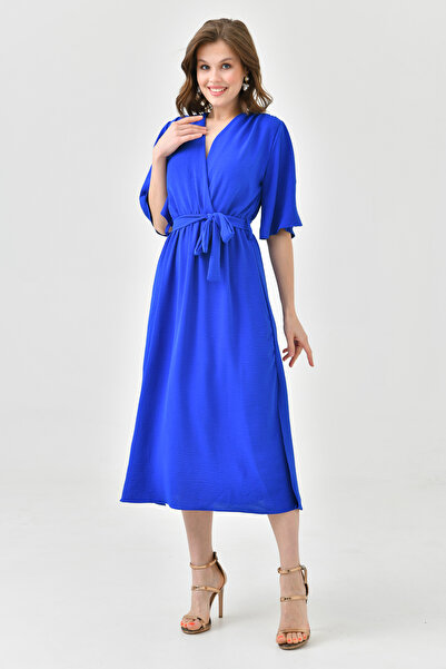 lovebox Aerobin ύφασμα ελαστική ζώνη μέσης Λεπτομερές μανίκι νυχτερίδας 130 cm Midi Διπλό γιακά Saks Μπλε Φόρεμα 097