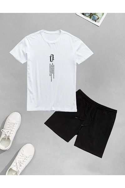 Josette Vertical Design T-Shirt Shorts - White with Black Shorts T-Shirt Top and Bottom Set Printed Crew Neck
