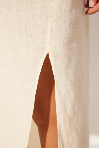 Trendyol Collection Bézs vászon Oversize hosszú ing ruha - TWOSS24GO00119