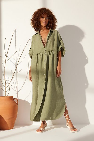 Trendyol Collection Πράσινο 100% λινό Oversize Maxi Φόρεμα TWOSS24EL00665