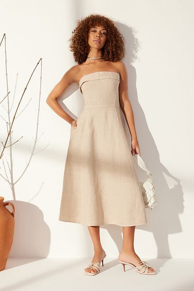 Trendyol Collection Πέτρα 100% Λινό Στράπλες Μάξι Φόρεμα TWOSS24EL00663