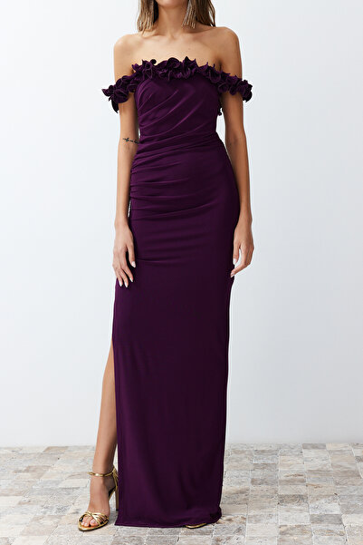 Trendyol Collection Πλεκτό μακρύ κομψό βραδινό φόρεμα με δαμάσκηνο TPRSS24AE00082