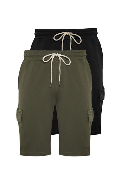 Trendyol Collection Βασικό σορτς μέσης από καουτσούκ μαύρο-χακί κανονικής/κανονικής κοπής Cargo με κορδόνι TMNSS24SR00041
