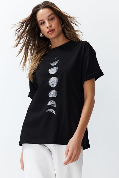 Trendyol Collection Tricou negru 100% bumbac, tricotat supradimensionat/Wide Fit, Imprimat Planet TWOSS24TS00103