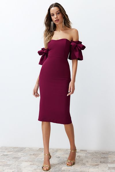 Trendyol Collection Rochie de seara tesuta eleganta cu accesorii trandafiri mov - TPRSS23EL00541