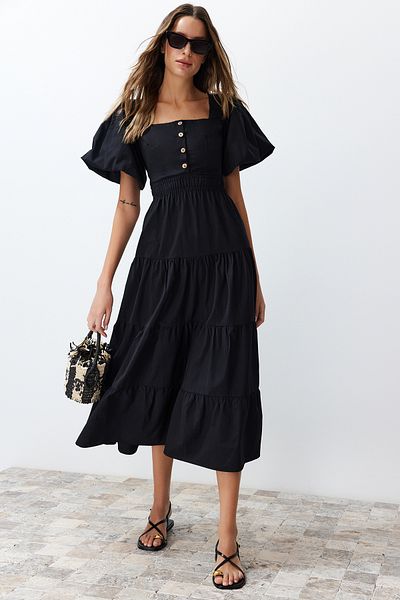 Trendyol Collection Μαύρο υφαντό φόρεμα με μαύρη μέση και με λεπτομέρεια τετράγωνο γιακά TWOSS24EL00431