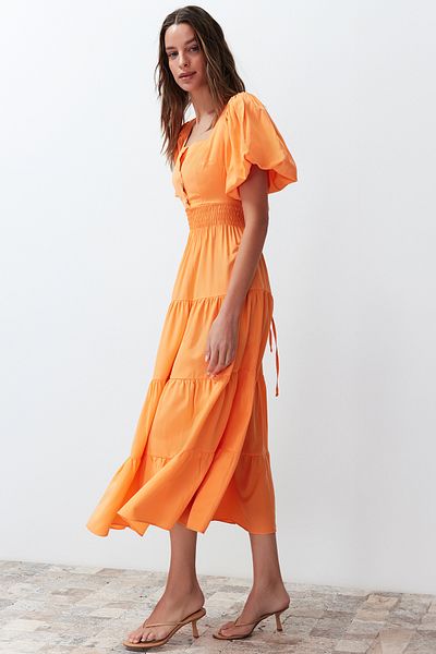 Trendyol Collection Orange Waist Opening Gipe and Back Detailed Square Collar Maxi Woven Dress TWOSS24EL00431