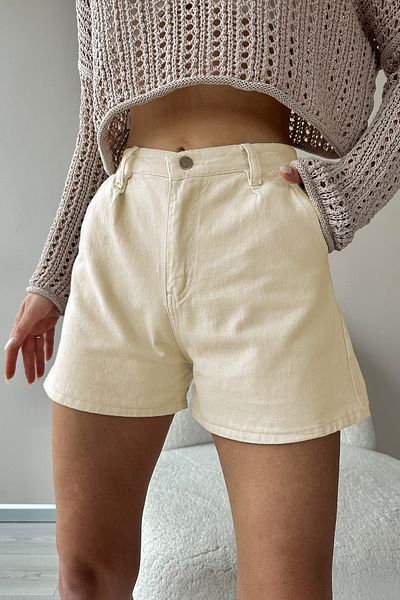 Trend Alaçatı Stili Hellbeige Jeans-Shorts mit hoher Taille und vier Taschen für Damen ALC-X9963