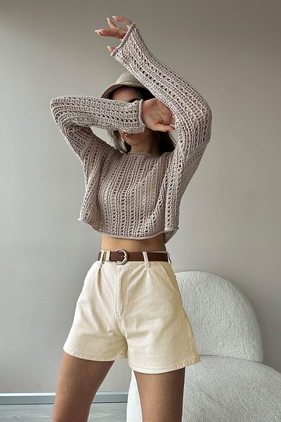 Trend Alaçatı Stili Hellbeige Jeans-Shorts mit hoher Taille und vier Taschen für Damen ALC-X9963