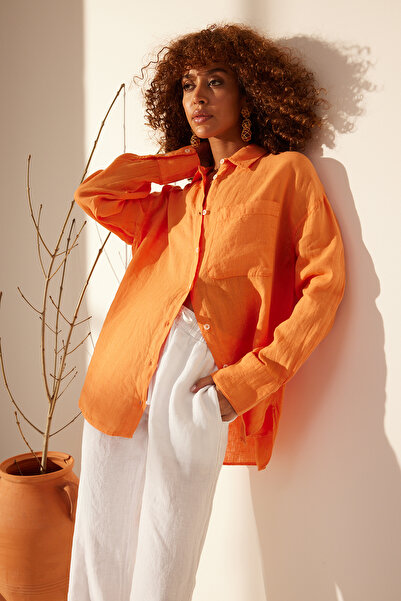 Trendyol Collection Narancssárga 100% lenvászon Oversize ing TWOSS23GO00443