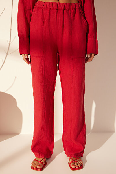 Trendyol Collection Pantaloni roșii 100% in, cu talie înaltă, cu picior largi, cu buzunar TWOSS24JE00247