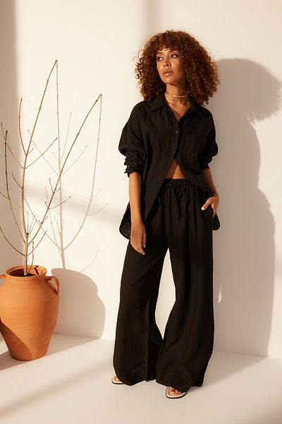 Trendyol Collection Black 100% Linen Elastic Waist High Waist Extra Trousers TWOSS24JE00251