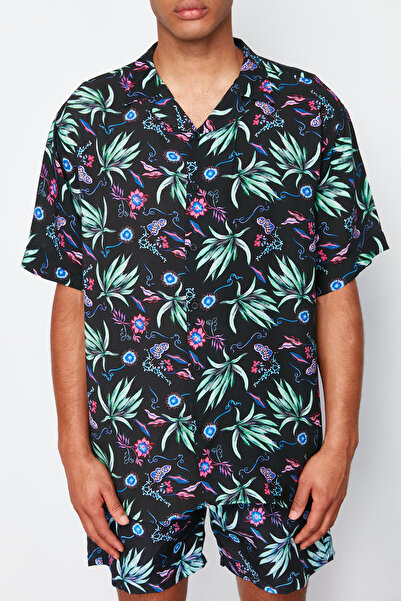 Trendyol Collection Oversize Purple Patterned Viscose Shirt - Short Sleeve, Loose Summer, Tmnss24go00053