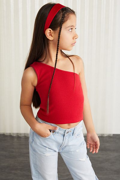 GRIMELANGE Coral-grm24027 95% cotton 5% elastic One Shoulder Rib Top Red Bustier