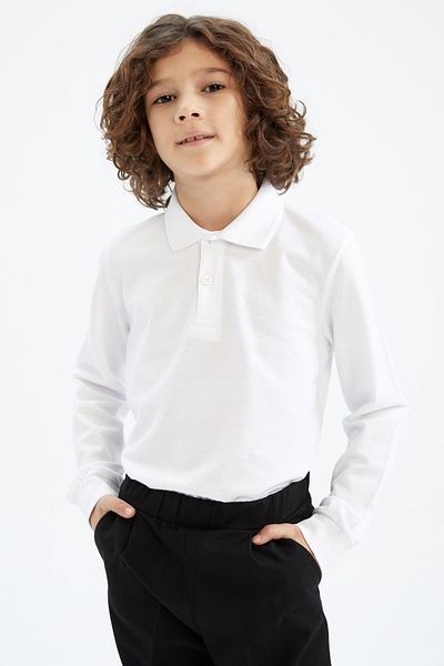 DeFacto Boy's Navy Blue Polo Collar Long Sleeve School T-Shirt L0288a622au