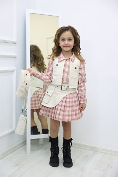 Ribbon kids Set Checked Shirt And Skirt Jacket Hat Bag