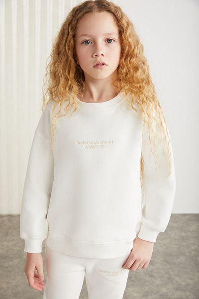 GRIMELANGE Gıgı-grm24049 75% Cotton 25% Polyester Girl's Embroidered Sweat Jogger Set Ecru Top-Bottom Set