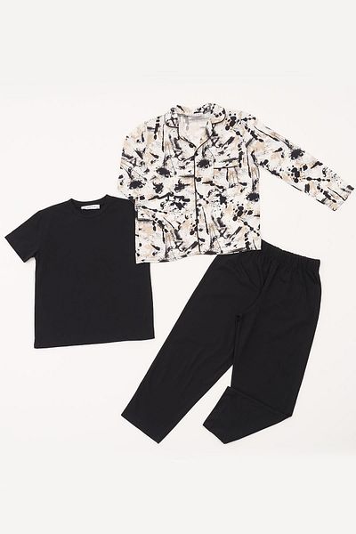 for you kids Set de pijamale 3 bucăți, pantaloni, tricou, negru