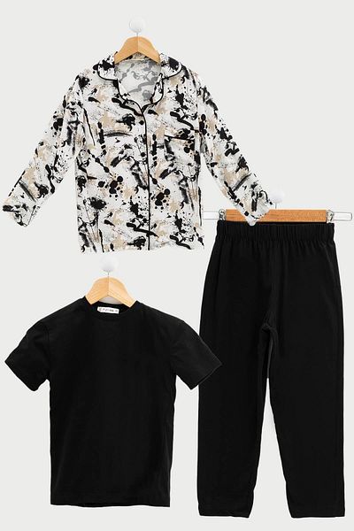 for you kids Set de pijamale 3 bucăți, pantaloni, tricou, negru