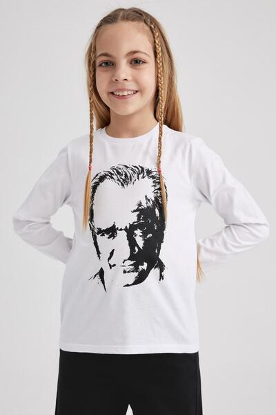 DeFacto Tricou alb cu mânecă lungă cu imprimeu Ataturk pentru fetiță Z9145a623sp