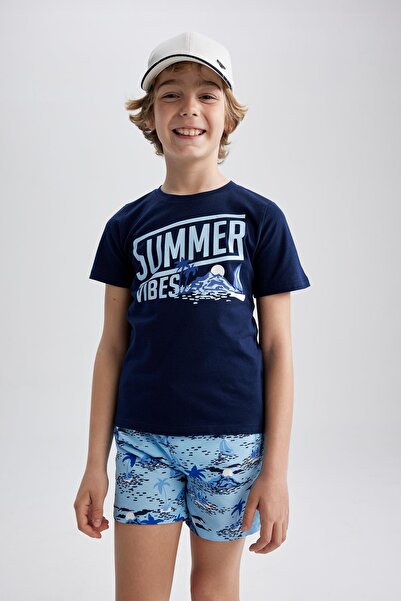 DeFacto Boy's Printed Short Sleeve T-shirt Sea Shorts 2-Piece Set Z8134a623hs