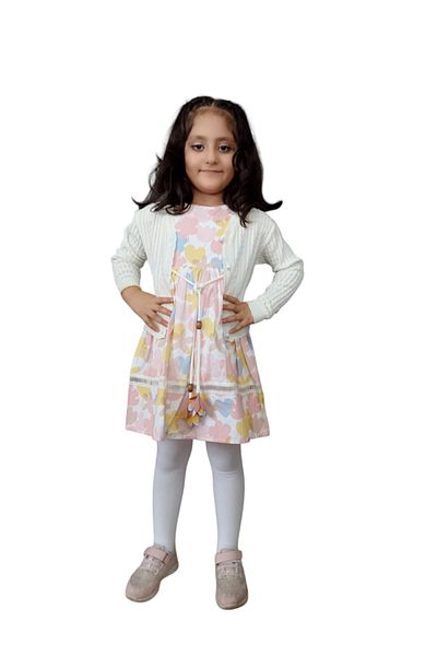 Gamzelim Rochie și cardigan pentru copii, 100% bumbac, cu flori, set de 2 piese, rochie cu detaliu din guipură, tricotaje cu nasturi, cardigan