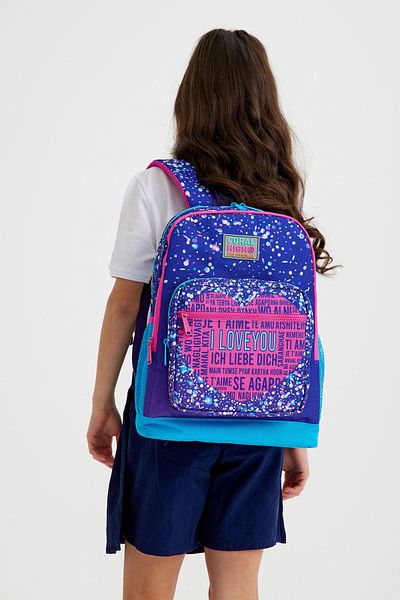 Coral High Kids Purple Blue Pink Heart Patterned Four Compartment School Backpack 23740
