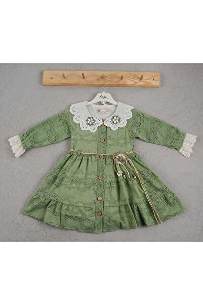 ÖRZİ Kids Kemerli Uzunkol Brodeli Dantelli Elbise