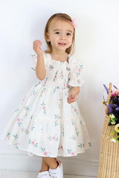 COLORED BABY Girl's Gipe Detailed Watermelon Sleeve Cotton Lined Floral Dress