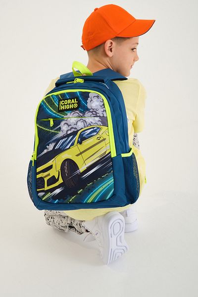 Coral High Kids Nefti Highlighting Yellow Car Patterned Three Compartment School Backpack 14406